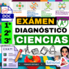 Gráfico educativo a todo color para un examen de diagnóstico científico, con texto en negrita, iconos para las asignaturas, una lista de comprobación, manzanas y material escolar. Incluye etiquetas como "EXÁMEN DIAGNÓSTICO CIENCIAS" y "Editorial MD.