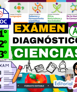 Gráfico educativo a todo color para un examen de diagnóstico científico, con texto en negrita, iconos para las asignaturas, una lista de comprobación, manzanas y material escolar. Incluye etiquetas como "EXÁMEN DIAGNÓSTICO CIENCIAS" y "Editorial MD.