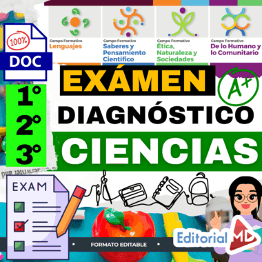 Gráfico educativo a todo color para un examen de diagnóstico científico, con texto en negrita, iconos para las asignaturas, una lista de comprobación, manzanas y material escolar. Incluye etiquetas como "EXÁMEN DIAGNÓSTICO CIENCIAS" y "Editorial MD.
