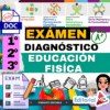 Colorido póster educativo para un examen de diagnóstico de educación física, con texto en negrita, niveles de grado 1-3, iconos de asignaturas escolares, una lista de comprobación del examen, equipamiento deportivo y el logotipo de Editorial MD.