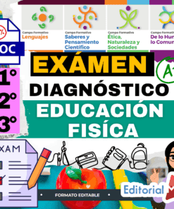 Colorido póster educativo para un examen de diagnóstico de educación física, con texto en negrita, niveles de grado 1-3, iconos de asignaturas escolares, una lista de comprobación del examen, equipamiento deportivo y el logotipo de Editorial MD.