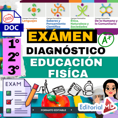 Colorido póster educativo para un examen de diagnóstico de educación física, con texto en negrita, niveles de grado 1-3, iconos de asignaturas escolares, una lista de comprobación del examen, equipamiento deportivo y el logotipo de Editorial MD.