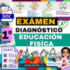 Gráfico digital en color para un examen de diagnóstico de educación física de primer grado. Incluye iconos de campos educativos, un portapapeles con una lista de comprobación, material escolar y un texto destacado en el que se lee "Exámen Diagnóstico Educación Física.