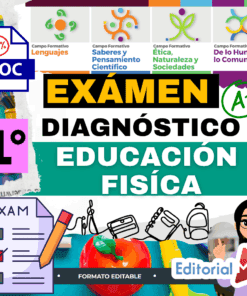 Gráfico digital en color para un examen de diagnóstico de educación física de primer grado. Incluye iconos de campos educativos, un portapapeles con una lista de comprobación, material escolar y un texto destacado en el que se lee "Exámen Diagnóstico Educación Física.