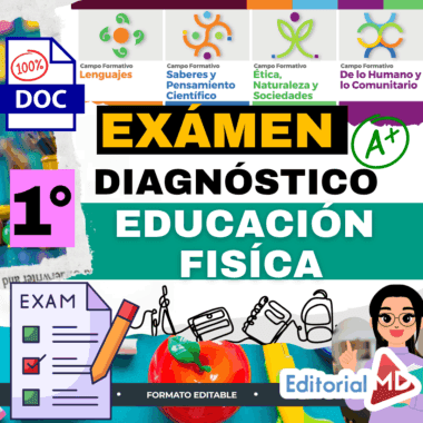 Gráfico digital en color para un examen de diagnóstico de educación física de primer grado. Incluye iconos de campos educativos, un portapapeles con una lista de comprobación, material escolar y un texto destacado en el que se lee "Exámen Diagnóstico Educación Física.
