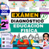 Colorido póster educativo para un examen de diagnóstico de educación física de 2º curso, con texto en negrita, iconos educativos, etiqueta de formato editable y diverso material escolar como un silbato, un cronómetro, manzanas y un portapapeles.