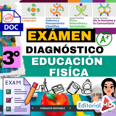 Gráfico educativo a color para un examen de diagnóstico de educación física de tercer grado, con iconos, material escolar, una etiqueta "EXAMEN", listas de control y el logotipo de Editorial MD, con texto en español que indica formato editable.
