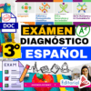 Gráfico educativo en color con el texto "Examen Diagnóstico 3º Español", varios iconos de asignaturas, una lista de control, material escolar y el logotipo de Editorial MD. Destaca que es para un examen diagnóstico de 3º de español.