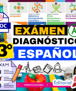 Gráfico educativo en color con el texto "Examen Diagnóstico 3º Español", varios iconos de asignaturas, una lista de control, material escolar y el logotipo de Editorial MD. Destaca que es para un examen diagnóstico de 3º de español.