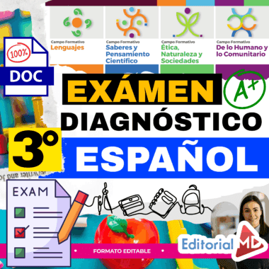 Gráfico educativo en color con el texto "Examen Diagnóstico 3º Español", varios iconos de asignaturas, una lista de control, material escolar y el logotipo de Editorial MD. Destaca que es para un examen diagnóstico de 3º de español.