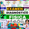 Gráfico educativo en color con texto en negrita que dice "EXÁMEN DIAGNÓSTICO 2° FÍSICA", iconos de diferentes asignaturas, una lista de control del examen, un A+ verde, una etiqueta DOC azul y el logotipo de Editorial MD.