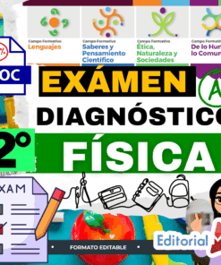 Gráfico educativo en color con texto en negrita que dice "EXÁMEN DIAGNÓSTICO 2° FÍSICA", iconos de diferentes asignaturas, una lista de control del examen, un A+ verde, una etiqueta DOC azul y el logotipo de Editorial MD.