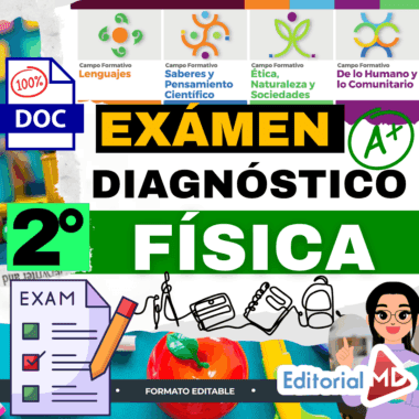 Gráfico educativo en color con texto en negrita que dice "EXÁMEN DIAGNÓSTICO 2° FÍSICA", iconos de diferentes asignaturas, una lista de control del examen, un A+ verde, una etiqueta DOC azul y el logotipo de Editorial MD.