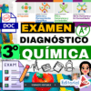 Gráfico a color para un examen de química diagnóstica de 3° grado en español, con iconos de campos educativos, una lista de verificación, símbolos científicos y el texto "EXÁMEN DIAGNÓSTICO 3° QUÍMICA" y "Editorial MD" con elementos ilustrados.