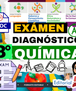 Gráfico a color para un examen de química diagnóstica de 3° grado en español, con iconos de campos educativos, una lista de verificación, símbolos científicos y el texto "EXÁMEN DIAGNÓSTICO 3° QUÍMICA" y "Editorial MD" con elementos ilustrados.