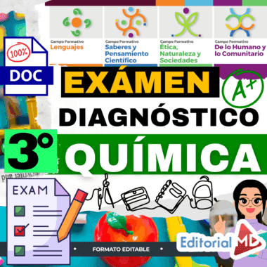 Gráfico a color para un examen de química diagnóstica de 3° grado en español, con iconos de campos educativos, una lista de verificación, símbolos científicos y el texto "EXÁMEN DIAGNÓSTICO 3° QUÍMICA" y "Editorial MD" con elementos ilustrados.