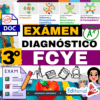 Colorido póster educativo para un examen de diagnóstico de 3º de Educación Cívica y Ética (FCYE), con texto, iconos de campos académicos, una lista de comprobación, material de papelería y el logotipo de Editorial MD.