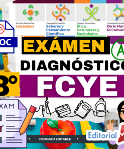 Colorido póster educativo para un examen de diagnóstico de 3º de Educación Cívica y Ética (FCYE), con texto, iconos de campos académicos, una lista de comprobación, material de papelería y el logotipo de Editorial MD.