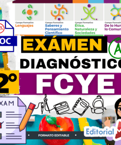 Gráfico promocional en color para un examen de diagnóstico en FCYE para 2º curso, con texto, marcas de verificación, material escolar, iconos de temática educativa y el logotipo de Editorial MD.