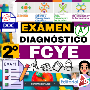 Gráfico promocional en color para un examen de diagnóstico en FCYE para 2º curso, con texto, marcas de verificación, material escolar, iconos de temática educativa y el logotipo de Editorial MD.