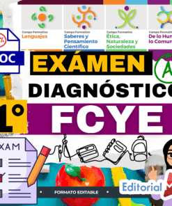 Gráfico educativo a color para un examen de diagnóstico de 1er grado en "FCYE". Presenta iconos, material escolar, una lista de comprobación, una calificación "A+" y texto para diferentes áreas de aprendizaje. El logotipo de Editorial MD está en la parte inferior derecha.