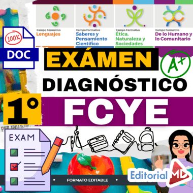 Gráfico educativo a color para un examen de diagnóstico de 1er grado en "FCYE". Presenta iconos, material escolar, una lista de comprobación, una calificación "A+" y texto para diferentes áreas de aprendizaje. El logotipo de Editorial MD está en la parte inferior derecha.