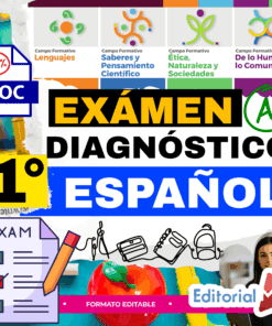 Gráfico educativo en color con texto: "EXÁMEN DIAGNÓSTICO 1° ESPAÑOL", varios iconos de asignaturas escolares, material escolar, una lista de control con la etiqueta "EXAMEN" y una pequeña foto de una mujer en la esquina inferior derecha.