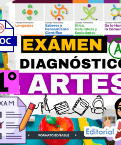Gráfico educativo en color para un examen de diagnóstico de artes, con texto en negrita, material escolar, listas de control e iconos que representan distintos campos de aprendizaje. Incluye "EXÁMEN DIAGNÓSTICO 1° ARTES" y un símbolo de calificación "A+".