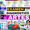 Imagen colorida con texto que promueve un examen de diagnóstico de artes de 2º grado en formato editable. Los iconos representan los campos de lengua, ciencias, ética y comunidad. Incluye "A+", "100%" y varias ilustraciones de temática escolar. El logotipo de Editorial MD está presente.