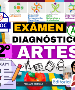 Imagen colorida con texto que promueve un examen de diagnóstico de artes de 2º grado en formato editable. Los iconos representan los campos de lengua, ciencias, ética y comunidad. Incluye "A+", "100%" y varias ilustraciones de temática escolar. El logotipo de Editorial MD está presente.