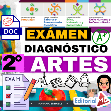 Imagen colorida con texto que promueve un examen de diagnóstico de artes de 2º grado en formato editable. Los iconos representan los campos de lengua, ciencias, ética y comunidad. Incluye "A+", "100%" y varias ilustraciones de temática escolar. El logotipo de Editorial MD está presente.