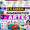 Colorido póster educativo en español para un examen de diagnóstico de artes de 3º de primaria. Los iconos representan varias categorías de aprendizaje. Incluye "EXÁMEN DIAGNÓSTICO 3º ARTES", una lista de control del examen y material de arte. Logotipo de Editorial MD en la parte inferior.