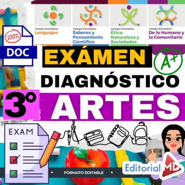 Colorido póster educativo en español para un examen de diagnóstico de artes de 3º de primaria. Los iconos representan varias categorías de aprendizaje. Incluye "EXÁMEN DIAGNÓSTICO 3º ARTES", una lista de control del examen y material de arte. Logotipo de Editorial MD en la parte inferior.