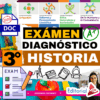 Gráfico a color para un examen de diagnóstico de 3º de Historia en español, con iconos, marcas de verificación, un lápiz, una manzana y logotipos de diferentes áreas de aprendizaje. "Exámen Diagnóstico 3º Historia" aparece en un lugar destacado.