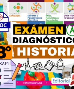 Gráfico a color para un examen de diagnóstico de 3º de Historia en español, con iconos, marcas de verificación, un lápiz, una manzana y logotipos de diferentes áreas de aprendizaje. "Exámen Diagnóstico 3º Historia" aparece en un lugar destacado.