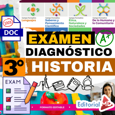 Gráfico a color para un examen de diagnóstico de 3º de Historia en español, con iconos, marcas de verificación, un lápiz, una manzana y logotipos de diferentes áreas de aprendizaje. "Exámen Diagnóstico 3º Historia" aparece en un lugar destacado.