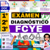 Gráfico en color que anuncia un examen de diagnóstico editable para FCYE, con texto en negrita, iconos de escuelas, una puntuación del 100%, una A+ y logotipos de varios campos educativos. El logotipo de Editorial MD aparece en la parte inferior derecha.