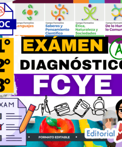 Gráfico en color que anuncia un examen de diagnóstico editable para FCYE, con texto en negrita, iconos de escuelas, una puntuación del 100%, una A+ y logotipos de varios campos educativos. El logotipo de Editorial MD aparece en la parte inferior derecha.