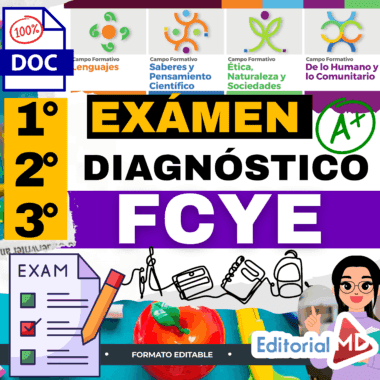 Gráfico en color que anuncia un examen de diagnóstico editable para FCYE, con texto en negrita, iconos de escuelas, una puntuación del 100%, una A+ y logotipos de varios campos educativos. El logotipo de Editorial MD aparece en la parte inferior derecha.