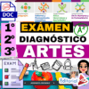Gráfico colorido con las palabras "EXAMEN DIAGNÓSTICO ARTES" para 1º, 2º y 3º curso, con iconos de campos educativos, un símbolo "DOC" marcado, una nota A+ y materiales artísticos lúdicos en la parte inferior.