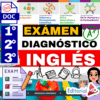 Gráfico en color con texto en español que anuncia un examen de inglés de diagnóstico para los grados 1, 2 y 3, con iconos de material escolar, hojas de examen y una niña animada que sostiene una marca de verificación.
