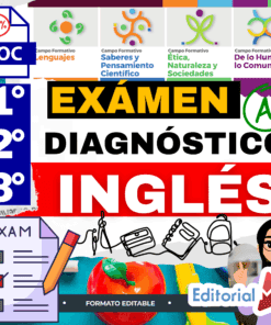 Gráfico en color con texto en español que anuncia un examen de inglés de diagnóstico para los grados 1, 2 y 3, con iconos de material escolar, hojas de examen y una niña animada que sostiene una marca de verificación.