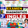 Imagen de portada para un examen de diagnóstico de inglés de 3º curso de Editorial MD, con gráficos brillantes, marcas de verificación, iconos de asignaturas y material escolar. El texto incluye "EXÁMEN DIAGNÓSTICO 3° INGLÉS" e iconos educativos.