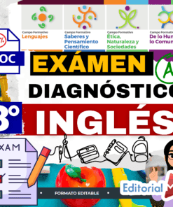 Imagen de portada para un examen de diagnóstico de inglés de 3º curso de Editorial MD, con gráficos brillantes, marcas de verificación, iconos de asignaturas y material escolar. El texto incluye "EXÁMEN DIAGNÓSTICO 3° INGLÉS" e iconos educativos.