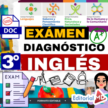 Imagen de portada para un examen de diagnóstico de inglés de 3º curso de Editorial MD, con gráficos brillantes, marcas de verificación, iconos de asignaturas y material escolar. El texto incluye "EXÁMEN DIAGNÓSTICO 3° INGLÉS" e iconos educativos.