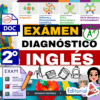 Colorido póster educativo en español anunciando un examen de diagnóstico en inglés para 2º de primaria, con iconos, material escolar, una marca de verificación y texto resaltado en formato editable por Editorial MD.