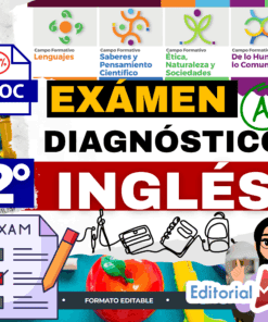 Colorido póster educativo en español anunciando un examen de diagnóstico en inglés para 2º de primaria, con iconos, material escolar, una marca de verificación y texto resaltado en formato editable por Editorial MD.