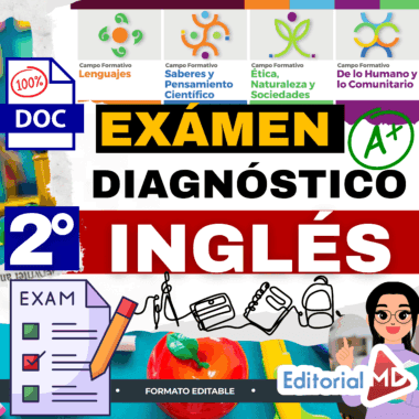 Colorido póster educativo en español anunciando un examen de diagnóstico en inglés para 2º de primaria, con iconos, material escolar, una marca de verificación y texto resaltado en formato editable por Editorial MD.