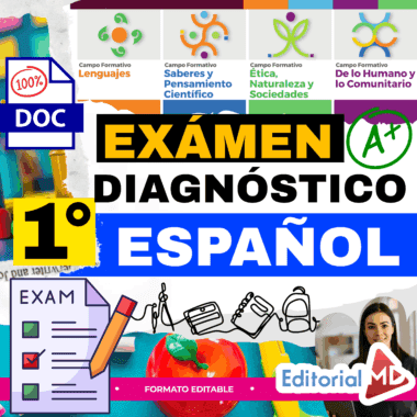 Gráfico educativo en color con texto: "EXÁMEN DIAGNÓSTICO 1° ESPAÑOL", varios iconos de asignaturas escolares, material escolar, una lista de control con la etiqueta "EXAMEN" y una pequeña foto de una mujer en la esquina inferior derecha.