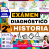 Colorido póster educativo en español para un examen de diagnóstico de historia de 2º curso, con iconos, material escolar, una lista de comprobación y un niño sonriente. El diseño destaca el formato editable y varios campos de aprendizaje.